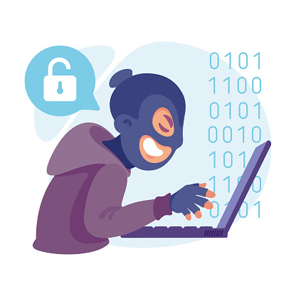 Cyber Swindler Man in Mask Hacking Internet at Laptop Steal Money Vector Illustration. Male Scammer and Hacker Engaged in Cybercrime and Fraud