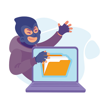 Cyber Swindler Man in Mask Hacking Internet Steal Money Vector Illustration. Male Scammer and Hacker Engaged in Cybercrime and Fraud