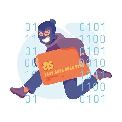 Cyber Swindler Man in Mask with Card Hacking Internet Steal Money Vector Illustration. Male Scammer and Hacker Engaged in Cybercrime and Fraud