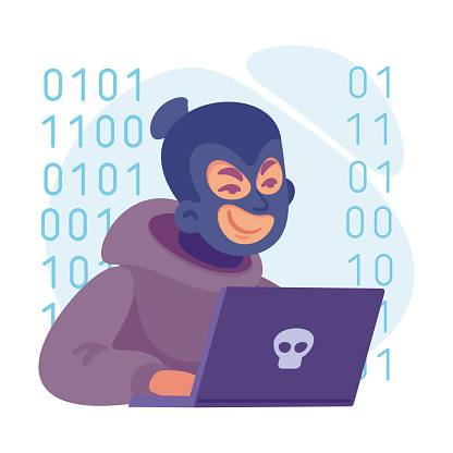 Cyber Swindler Man in Mask at Laptop Hacking Internet Steal Money Vector Illustration. Male Scammer and Hacker Engaged in Cybercrime and Fraud