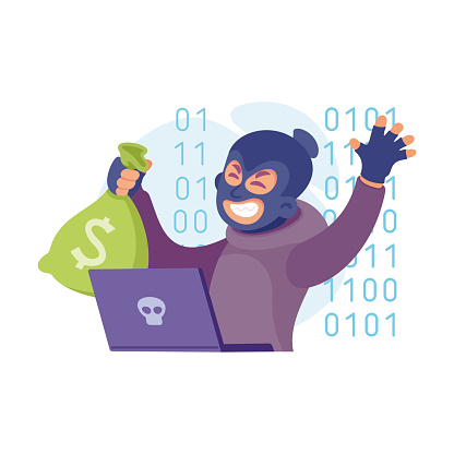 Cyber Swindler Man in Mask at Laptop with Sack Hacking Internet Steal Money Vector Illustration. Male Scammer and Hacker Engaged in Cybercrime and Fraud