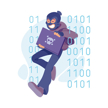 Cyber Swindler Man in Mask with Laptop Hacking Internet Steal Money Vector Illustration. Male Scammer and Hacker Engaged in Cybercrime and Fraud