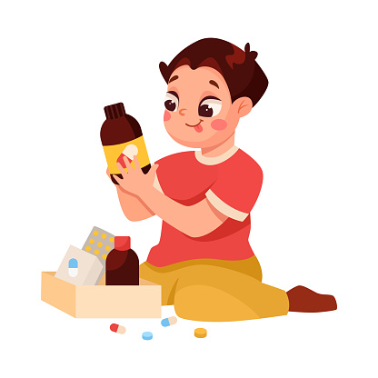 Little Boy in Dangerous Situation Take Medicament and Drugs Being Unsafe Vector Illustration. Careless Kid Character Engaged in Risky Activity