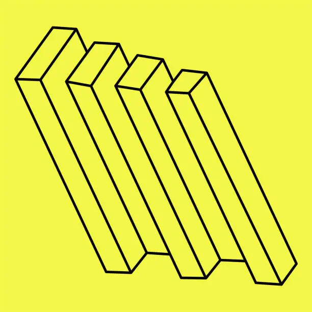 Vector illustration of Impossible shapes. Optical illusion. Abstract eternal geometric object. Impossible endless outline. Impossible geometry symbol on a yellow background. Sacred geometry. Op art.
