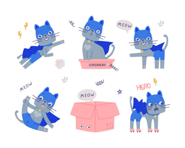 ilustrações, clipart, desenhos animados e ícones de gato cinza do super-herói usando máscara azul e capa com super poder vetor de ilustração - courage domestic cat animal young animal
