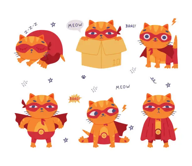 Vector illustration of Superhero Cat Wearing Red Mask and Cape Having Super Power Vector Illustration Set