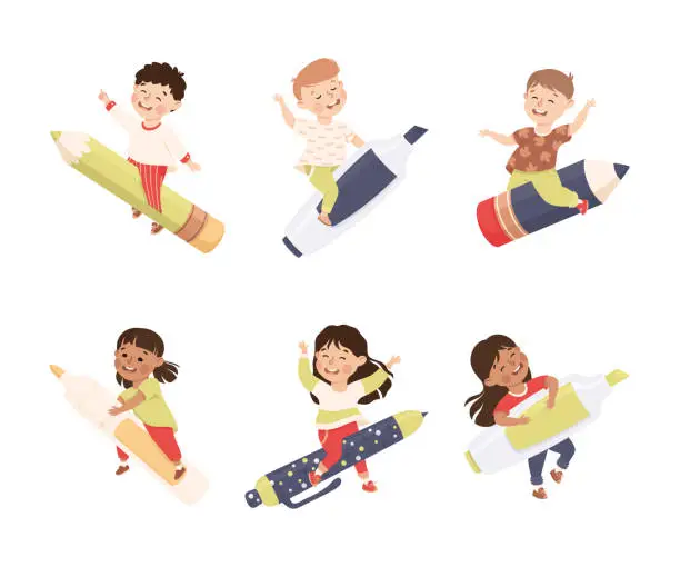 Vector illustration of Little Boy and Girl Flying on Pen and Pencil Ready to Study Vector Illustration Set