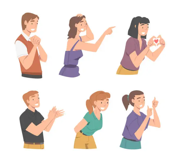 Vector illustration of Excited People Character Looking at Someone Show Hand Gesture and Emotion Vector Set