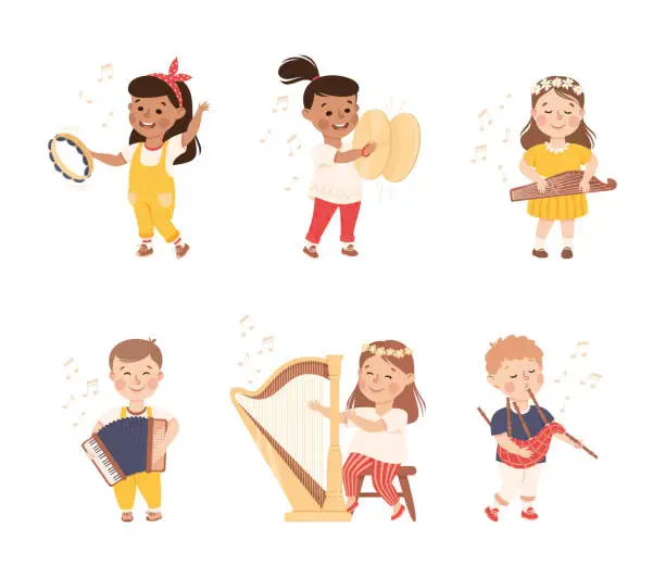 Vector illustration of Funny Boy and Girl Playing Musical Instrument Performing on Stage Vector Illustration Set