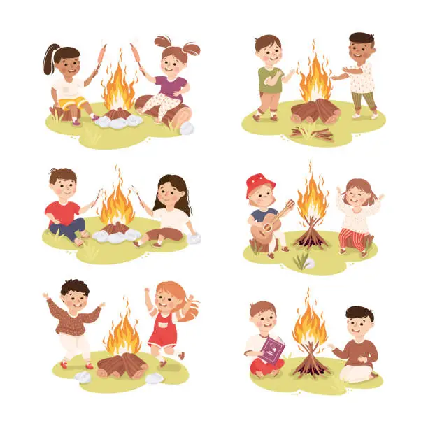 Vector illustration of Little Children Sitting Near Campfire Playing Guitar and Frying Sausage Vector Set