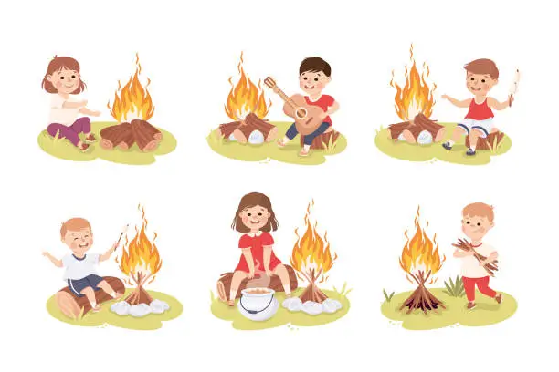 Vector illustration of Little Children Sitting Near Campfire Playing Guitar and Frying Marshmallow Vector Set