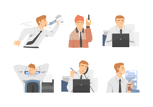 Job Routine Draws Man Office Employee Day Routine Vector Illustration Set Stock ...
