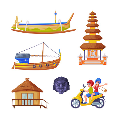 Bali Traditional Cultural Attribute with Temple, Boat, Bungalow and Moped Vector Illustration Set. Balinese Symbol and Authentic Element Concept