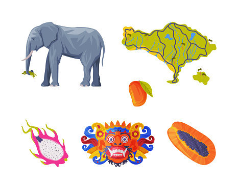Bali Traditional Cultural Attribute with Elephant, Fruit, Mask and Map Vector Illustration Set. Balinese Symbol and Authentic Element Concept