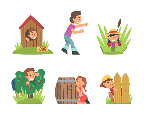 Kids Playing Hide and Seek Concealing Behind Fence and Bush Vector Set. Happy Boy and Girl Having Fun in the Park Enjoying Children Game and Recreation Activity Concept
