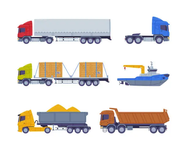 Vector illustration of Cargo Transport with Truck and Ship as Freight Delivery Logistics Service Vector Illustration Set