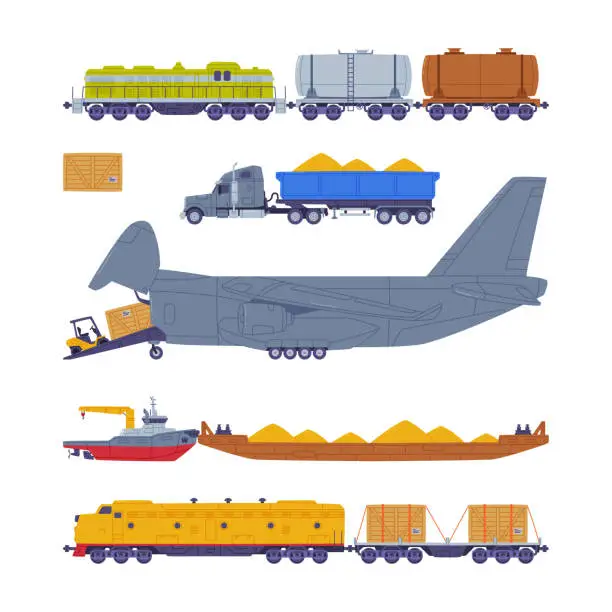 Vector illustration of Cargo Transport with Truck, Plane and Railroad as Freight Delivery Logistics Service Vector Illustration Set