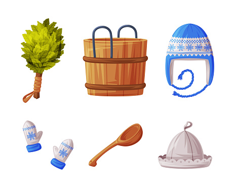 Finland Country Symbol with Bath Besom, Wooden Tub, Hat, Mittens, Spoon and Cap Vector Illustration Set. Distinctive Object of Nordic Suomi Concept