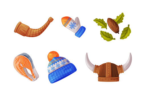 Finland Country Symbol with Horn, Mitten, Hat, Cone, Viking Helmet and Salmon Steak Vector Illustration Set. Distinctive Object of Nordic Suomi Concept