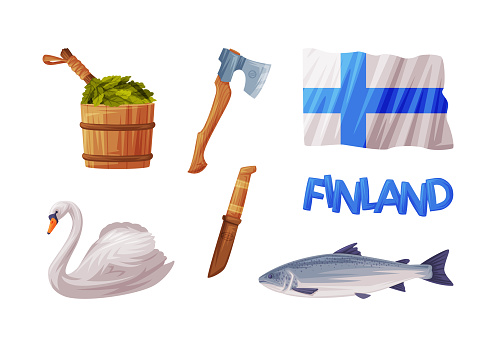 Finland Country Symbol with Swan, Bath Besom, Flag, Axe, Dagger and Fish Vector Illustration Set. Distinctive Object of Nordic Suomi Concept