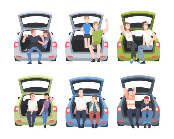 Vector illustration of People Characters Sitting in Car Trunk Taking Pictures Vector Illustration Set