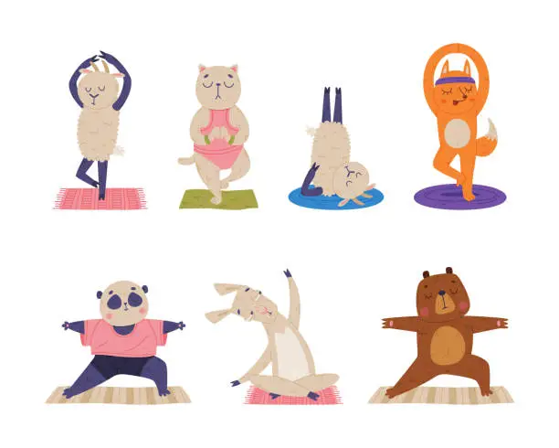 Vector illustration of Funny Animal on Yoga Mat Practicing Asana and Stretching Vector Illustration Set