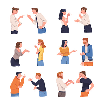 Angry Man and Woman Arguing Having Conflict with Each Other Vector Set. Young Male and Female Feeling Anger Having Aggression Towards Opponent Concept