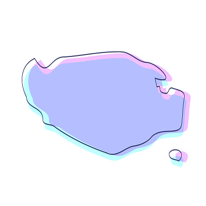 Map of Buru sketched and isolated on a white background. The map is purple with a black outline. Pink and blue are overlapped to create a modern visual effect, looking like anaglyph image. The combination of pink and blue in this illustration creates a predominantly purple map. Vector Illustration (EPS file, well layered and grouped). Easy to edit, manipulate, resize or colorize. Vector and Jpeg file of different sizes.