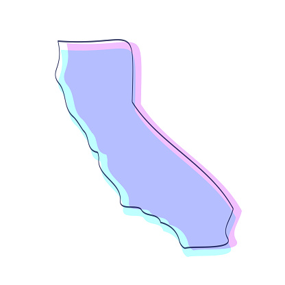 Map of California sketched and isolated on a white background. The map is purple with a black outline. Pink and blue are overlapped to create a modern visual effect, looking like anaglyph image. The combination of pink and blue in this illustration creates a predominantly purple map. Vector Illustration (EPS file, well layered and grouped). Easy to edit, manipulate, resize or colorize. Vector and Jpeg file of different sizes.