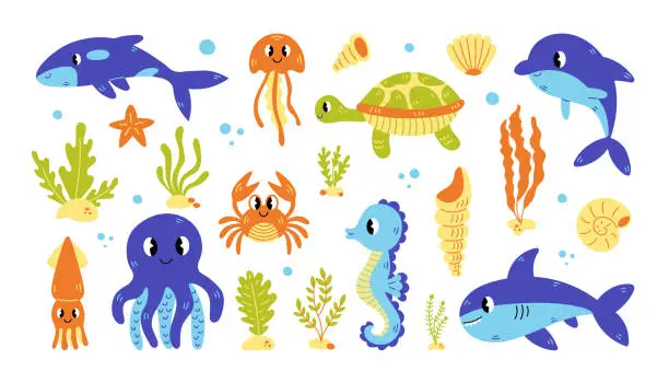 Vector illustration of Sea life cute animals seaweeds shells collection