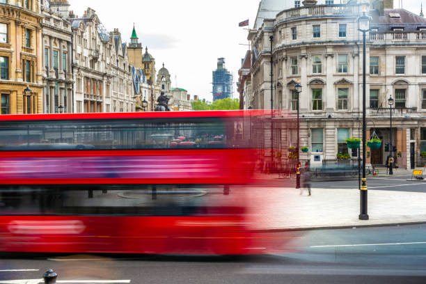 istock Double decker bus in London, long exposure 2129605449