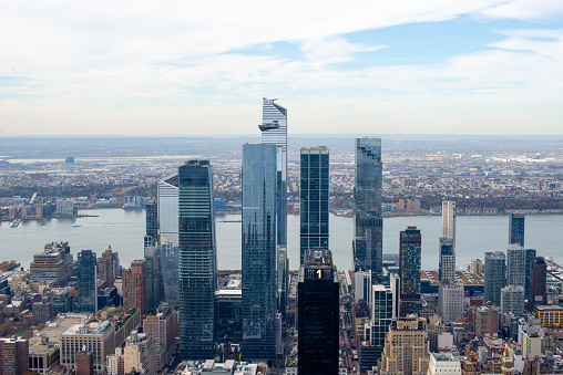 Aerial view of New york city skyline with bay and water seen from skyscrapers