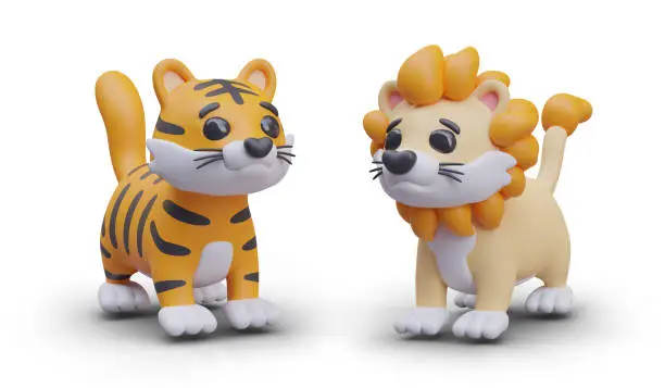 Vector illustration of Cute tiger and lion. Realistic toy for kids. Cartoon animal toys characters