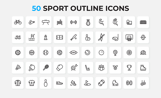 Sport outline icons set. Basketball, bowling, fitness and other elements. Thin outline icons pack.