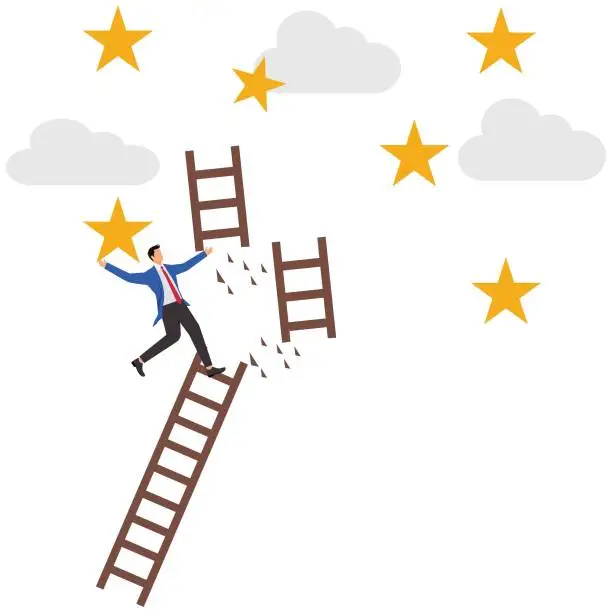 Vector illustration of A businessman is climbing the ladder of success, unfortunately, the ladder broke off on the way