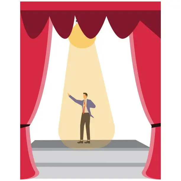 Vector illustration of Businessman gives a perfect number 1 hand gesture on stage with a spotlight