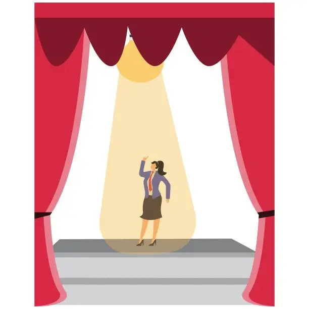 Vector illustration of Businesswoman gives a perfect number 1 hand gesture on stage with a spotlight