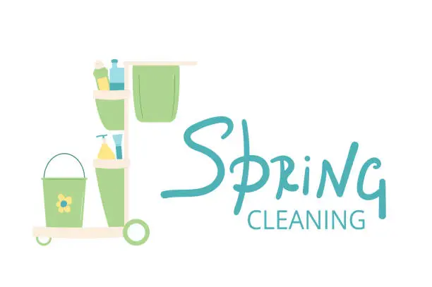 Vector illustration of Spring cleaning banner template. Equipment elements for wash home with lettering background. Housework concept. Cart, bucket mop spray various tools. Vector flat illustration