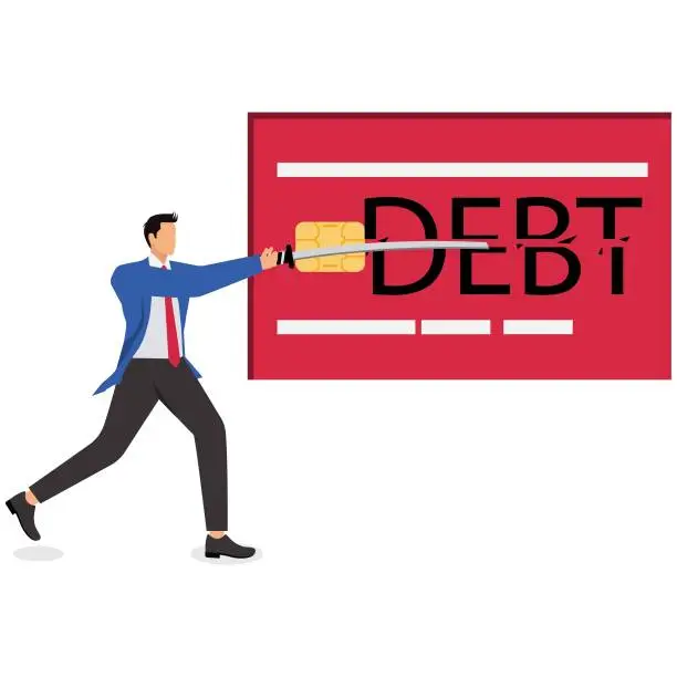 Vector illustration of A man cutting Debts with a knife or sword, paying off debt faster, avoiding bad debts