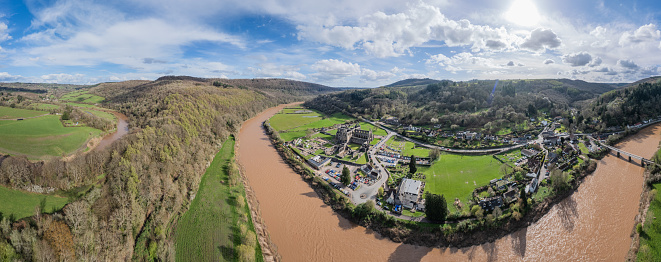 Amazing aerial panorama of Tintern Abbey, River Wye, and the nearby landscape. UK