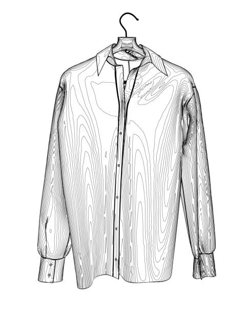 istock Outline shirt with button down collar isolated on white. Outline of a long sleeved shirt hanging on a hanger made of black lines isolated on a white background. Vector illustration. 2129644116