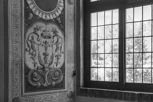 Caprarola, Italy - 10 05 2023: Villa Farnese glimpse and window view in Caprarola