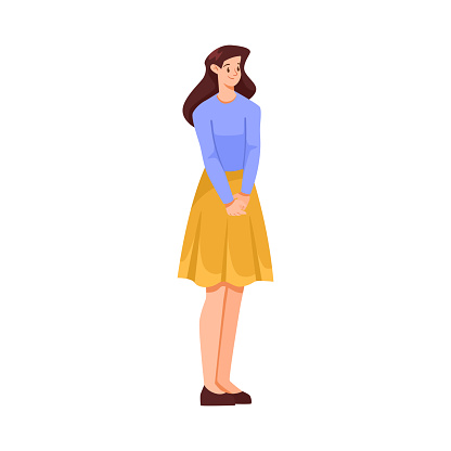 Happy Smiling Woman Character Standing Look at Someone Vector Illustration. Young Female Portrait Feeling Positive Emotion Concept