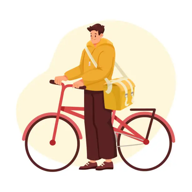 Vector illustration of Man Delivery Courier with Bag and Bicycle Vector Illustration