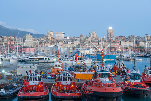 Genoa in Liguria Italy on October 30, 2023 Aerial view of the city from a cruise ship moored at harbor evening view.