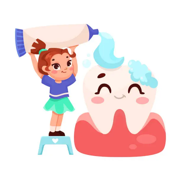 Vector illustration of Dental Care with Little Girl Cleaning Big Tooth with Toothpaste Vector Illustration