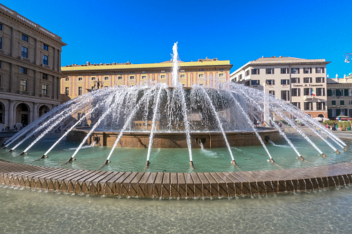 Genoa in Liguria Italy on October 30, 2023 Piazza Raffaele De Ferrari With the opera a fountain and lots of shops and restaurants around, this is a great spot to visit