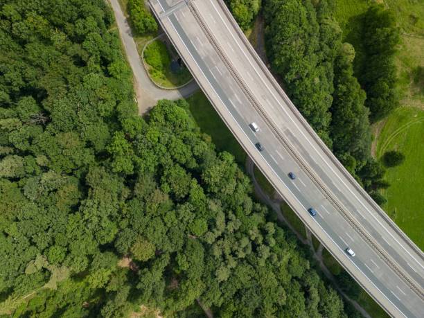 istock an aerial view of a highway surrounded by forest canopy and trees 2129653256