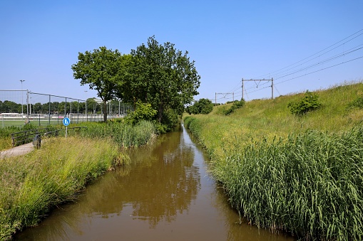 Olst, The Netherlands, June 8, 2013. The departure point of the ferry across the river IJssel is flooded. A cyclist is up to his ankles in water by the high water level.