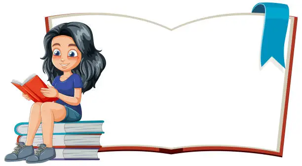 Vector illustration of Cartoon of a girl reading on a stack of books